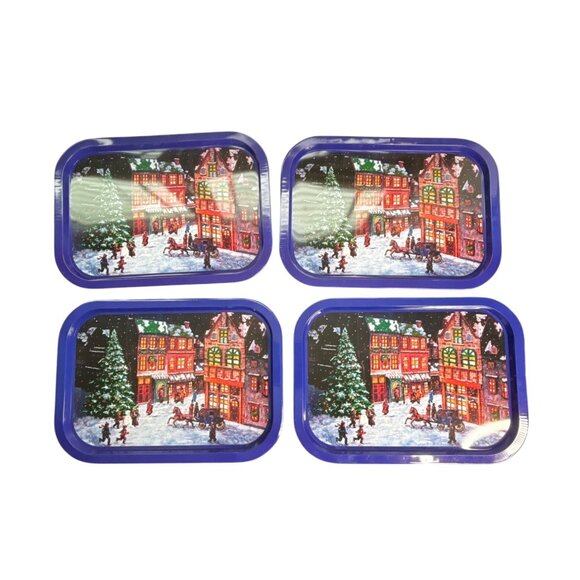 Set Of 4 Vintage Christmas Holiday Trays With Winter Village Design - Picture 1 of 5